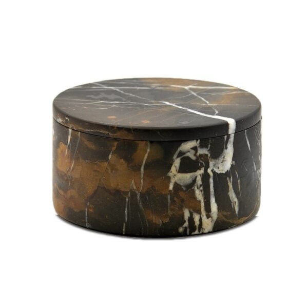 Eirenne Collection 5" Black Zebra Marble Polished Finish Circular Box