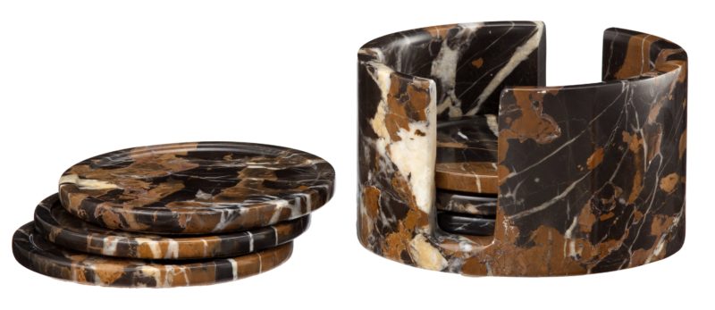 Dionysus Collection Black & Gold Marble 6 Piece Coaster Set w/Caddie